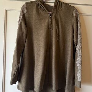 LOGO by Lori Goldstein Khaki Lace Sleeve Hoodie